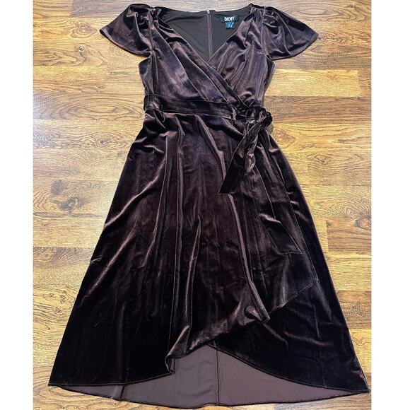 dkny brown velvet dress Dkny Sleepwear Wrap-effect Velvet Midi Dress In Brown